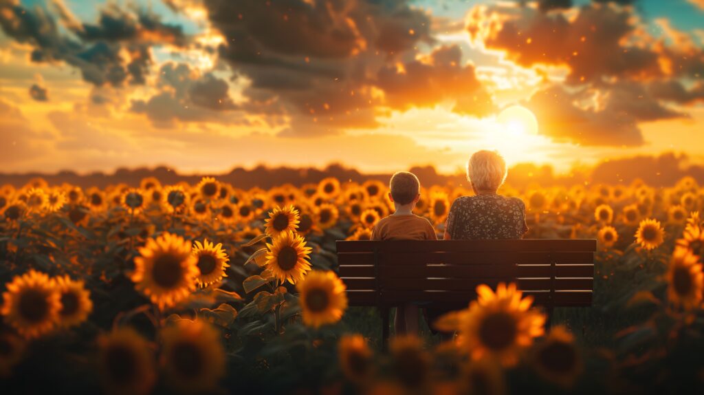 Qui suis-je? 8 une grand mere assise sur un banc avec son petit fils dans un champs de tournesols