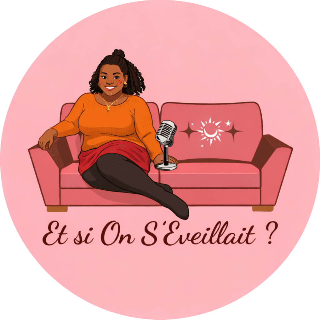 Logo Et si On s'Éveillait, femme noire assise sur canapé avec micro