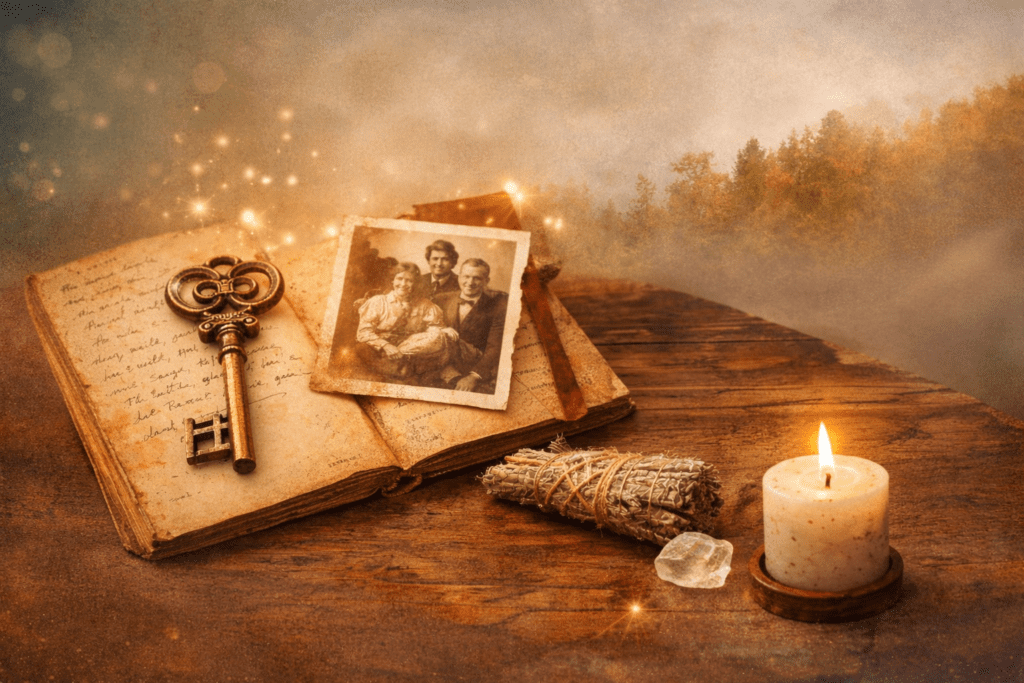 un livre posé sur une table avec uen clé et une photo ancienne, de la sauge et une bougie. Travail transgénérationnel