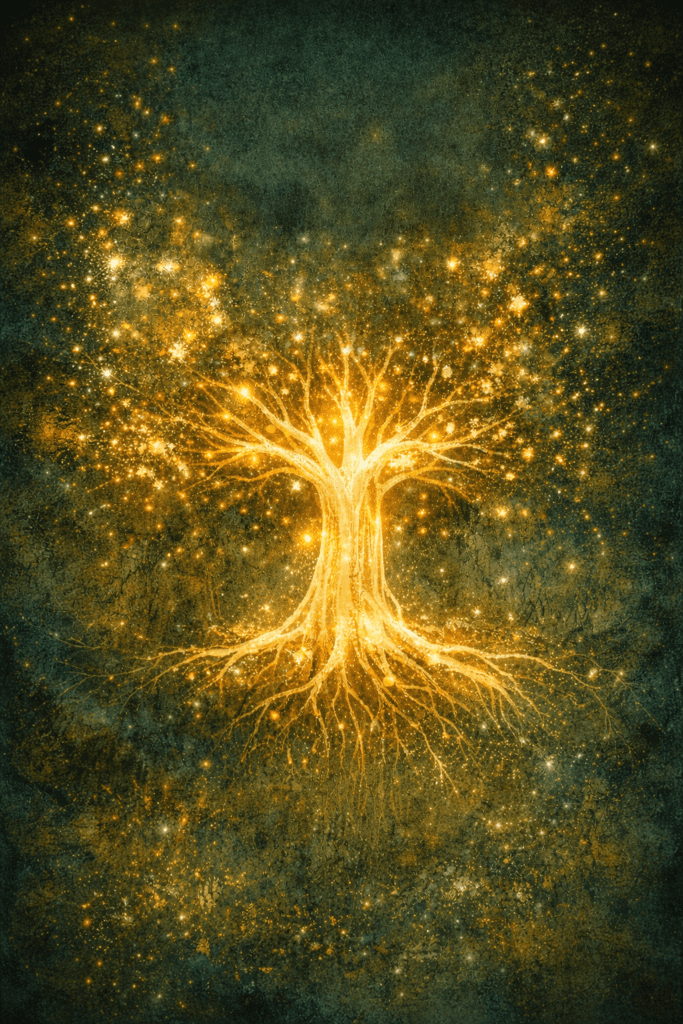 arbre ancestral qui rayonne dans une forêt