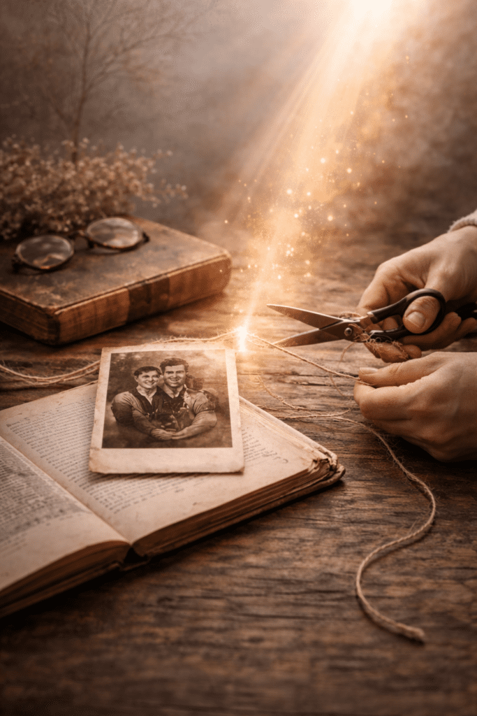 un livre avec une photo d'ancêtres et quelqu'un qui coupe un lien énergétique