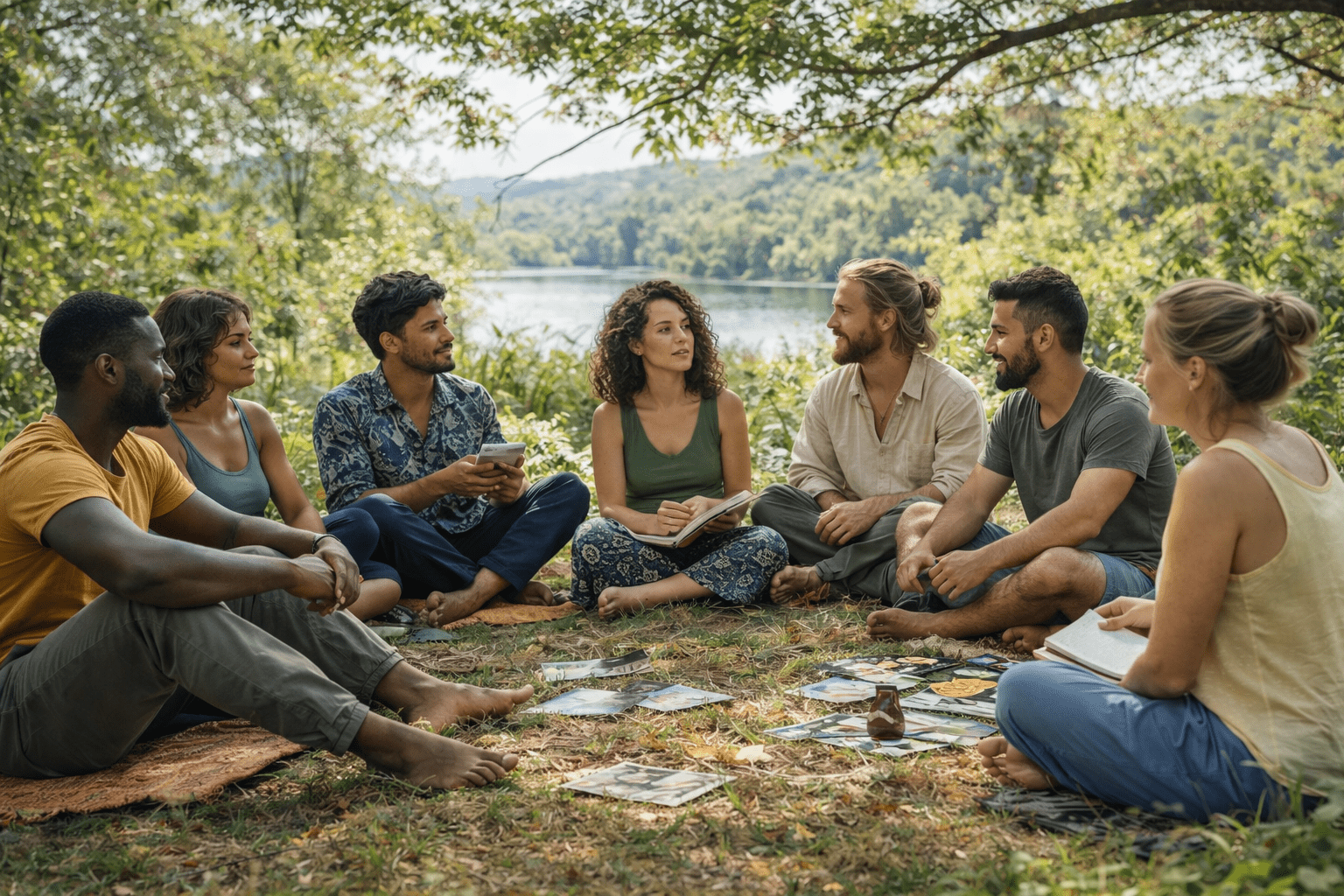 Un groupe de personne reunit dans la foret en pleine activité créative